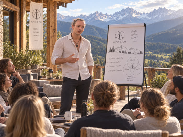 Workshop am Flipchart: People, Nature, Impact – Bergpanorama im Hintergrund
